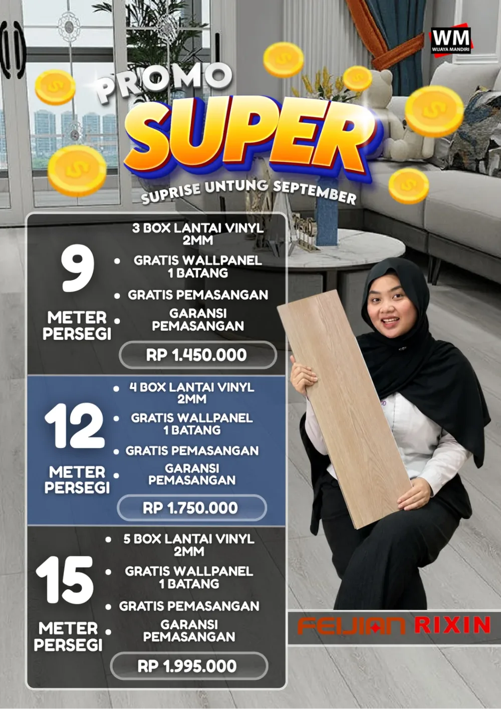 Promo Super paket lantai vinyl Feijian Rixin, mulai 9 meter persegi Rp1.450.000