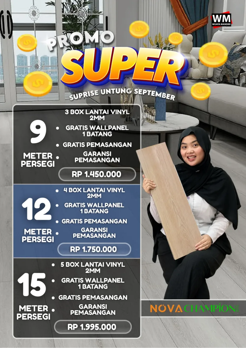 Promo Super paket lantai vinyl Nova Champion, mulai 9 meter persegi Rp1.450.000