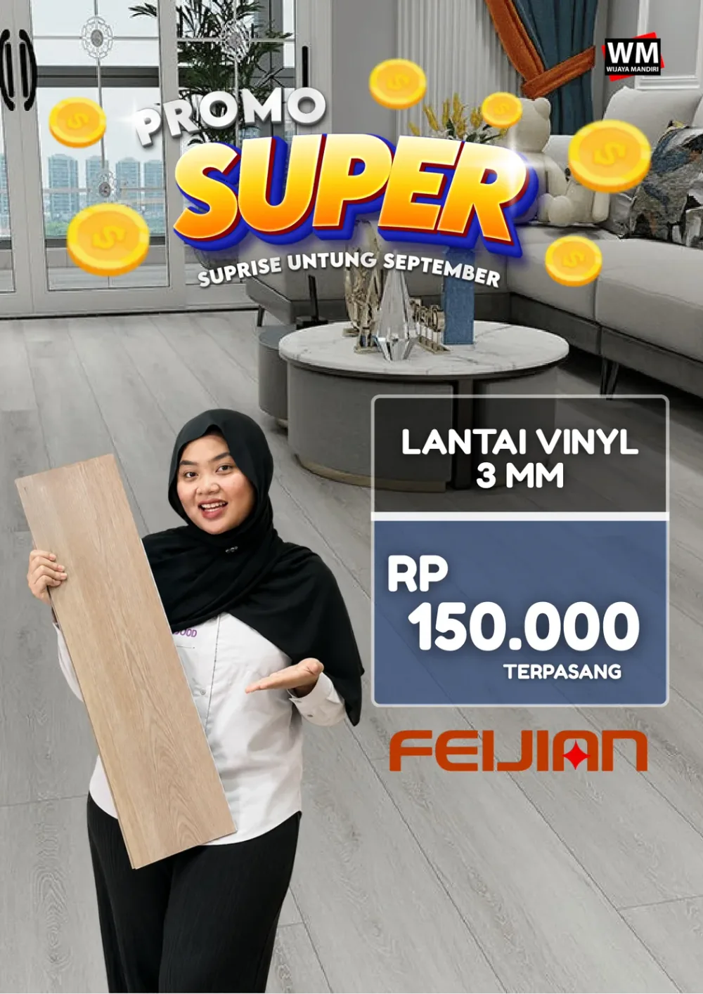 Promo Super Lantai Vinyl 3mm Feijian Rp150.000 per meter terpasang